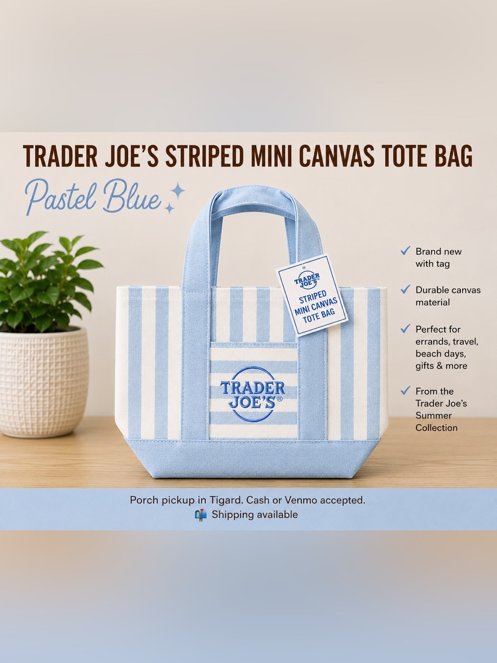 🩵 Trader Joe’s Pastel Blue Striped Mini Canvas Tote Bag Summer Collection NWT